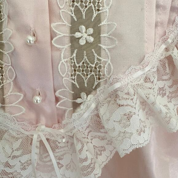 Vintage Anna Pink Satin Lace Embroidered Night Gown Victorian Cottage Regency - Picture 3 of 9